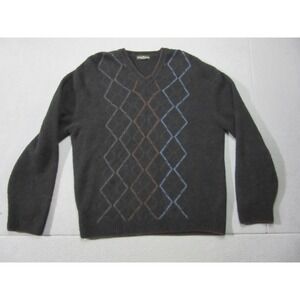 Lenor Romano Sweater Mens XL Black Soft Knit Argyle Lana Wool V-Neck Pullover